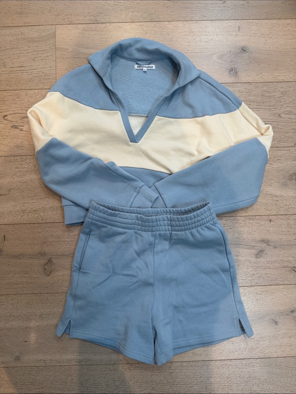 Reformation Powder Blue & Cream Collared Lounge Set